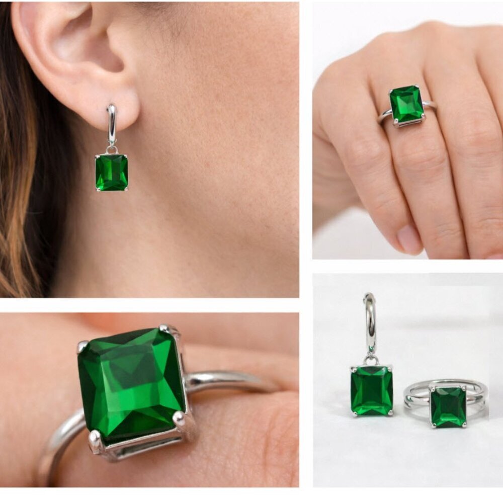 Silver Green Gem Dangle Earrings + Adjustable Ring Set Statement Jewelry